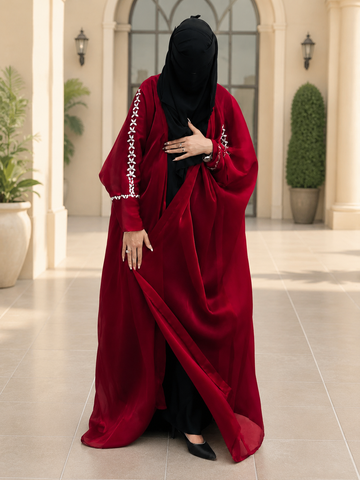 **Velours de Lava Abaya by Hayah Collection | Luxury Burgundy Velvet Abaya for Women**