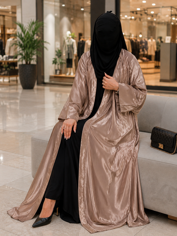 **Liquid Gold Satin Kimono Abaya by Hayah Collection | Luxury Shimmer Silk Abaya for Women**