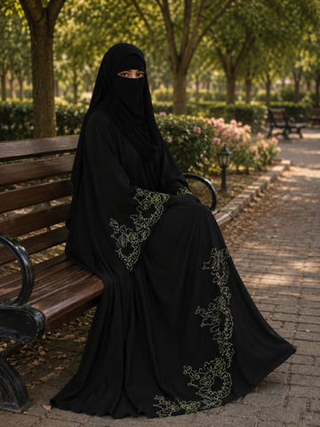 Golden Bloom Embroidered Abaya by Hayah Collection | Luxury Black Abaya with Gold Embroidery