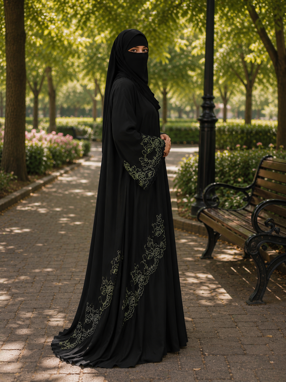 Golden Bloom Embroidered Abaya by Hayah Collection | Luxury Black Abaya with Gold Embroidery