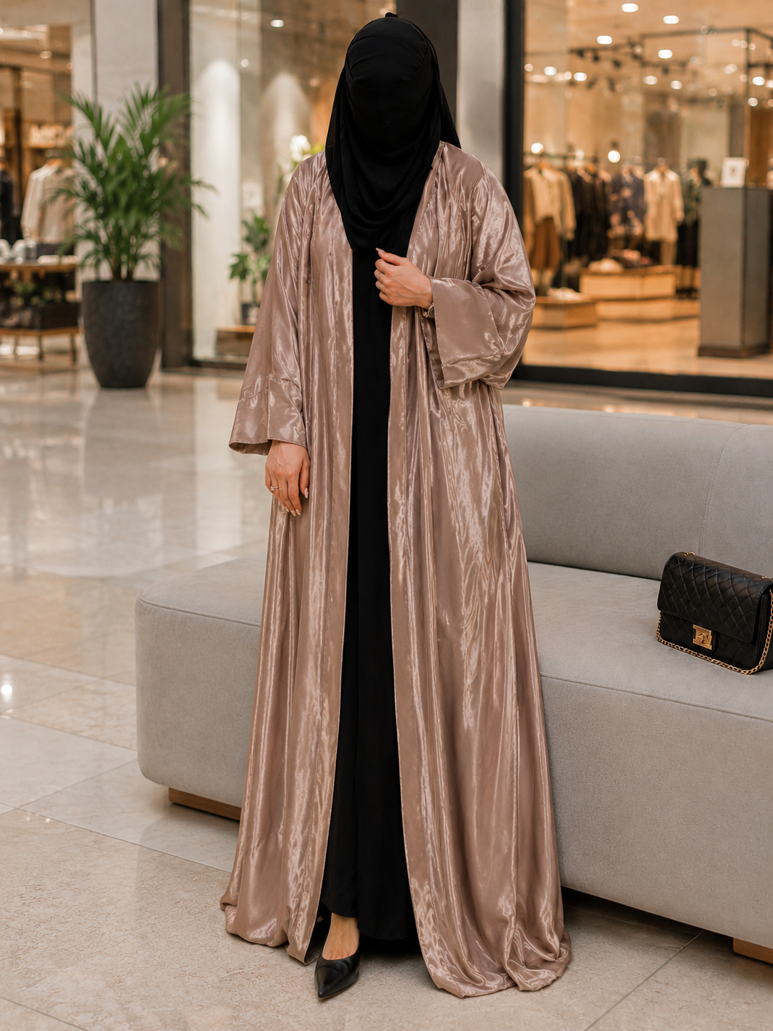 **Liquid Gold Satin Kimono Abaya by Hayah Collection | Luxury Shimmer Silk Abaya for Women**